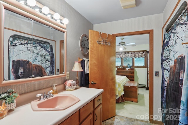 457 Shady Ridge Rd, Waynesville, NC 28785 - bathroom with ensuite bath, wallpapered walls, vanity, and a ceiling fan