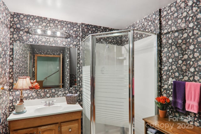 457 Shady Ridge Rd, Waynesville, NC 28785 - bathroom featuring wallpapered walls, vanity, and a shower stall