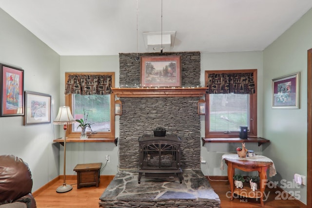 457 Shady Ridge Rd, Waynesville, NC 28785 - living room with a wood stove and wood finished floors