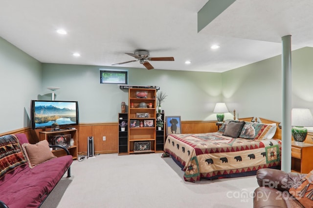 457 Shady Ridge Rd, Waynesville, NC 28785 - bedroom with wainscoting, carpet flooring, recessed lighting, wood walls, and a ceiling fan