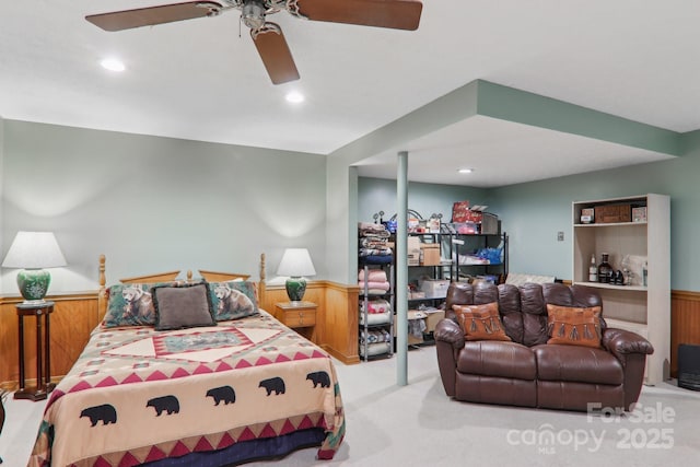 457 Shady Ridge Rd, Waynesville, NC 28785 - bedroom with wainscoting, carpet, recessed lighting, a ceiling fan, and wooden walls