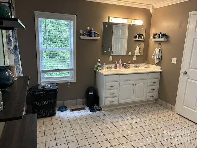 259 Oakland Heights Rd, Forest City, NC 28043 - bathroom featuring ornamental molding, tile patterned floors, plenty of natural light, baseboards, and double vanity