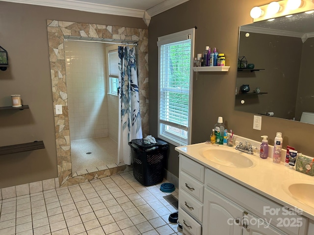 259 Oakland Heights Rd, Forest City, NC 28043 - bathroom featuring ornamental molding, tile patterned floors, a tile shower, and double vanity