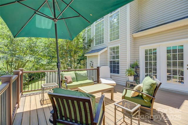 12125 Mountainside Ln, Charlotte, NC 28278 - wooden deck featuring an outdoor hangout area