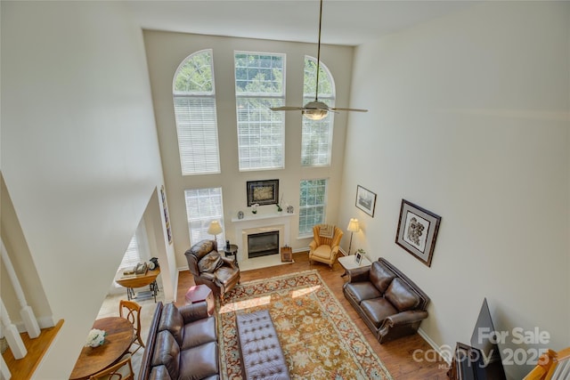 12125 Mountainside Ln, Charlotte, NC 28278 - living room featuring a towering ceiling, a high end fireplace, wood finished floors, and baseboards