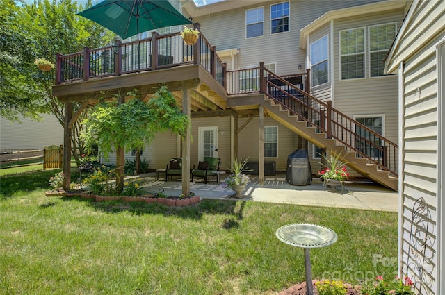 12125 Mountainside Ln, Charlotte, NC 28278 - rear view of property featuring stairs, a patio, a wooden deck, and a yard