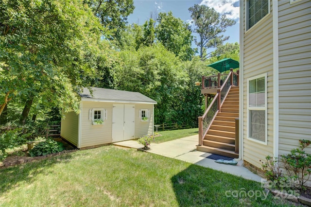 12125 Mountainside Ln, Charlotte, NC 28278 - view of green lawn featuring stairs, a deck, and a patio