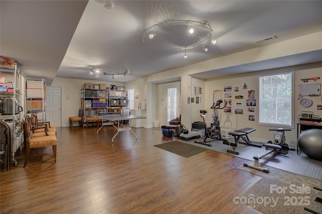 12125 Mountainside Ln, Charlotte, NC 28278 - exercise room with wood finished floors, rail lighting, and baseboards