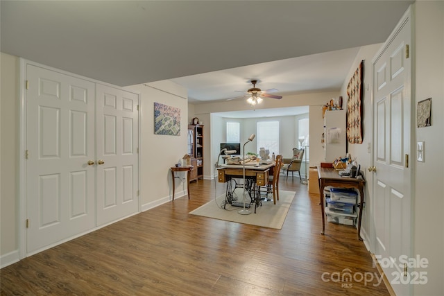12125 Mountainside Ln, Charlotte, NC 28278 - dining space with wood finished floors, ceiling fan, and baseboards