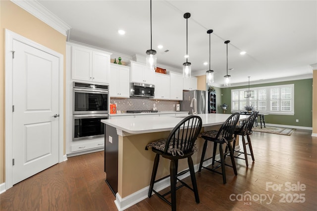 17028 River Race Dr, Huntersville, NC 28078 - kitchen featuring stainless steel appliances, ornamental molding, a spacious island, decorative backsplash, and light countertops