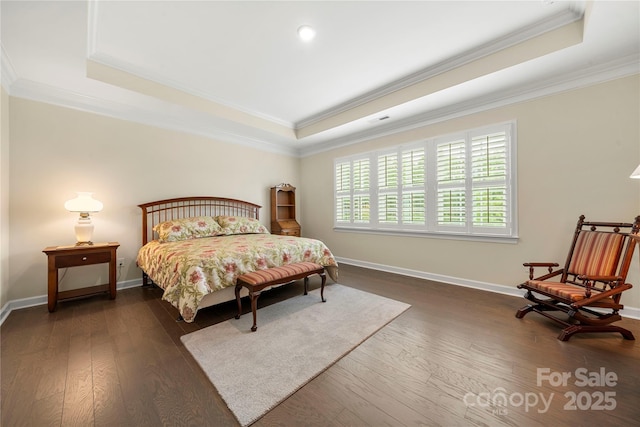 17028 River Race Dr, Huntersville, NC 28078 - bedroom with a tray ceiling, ornamental molding, dark wood finished floors, and baseboards