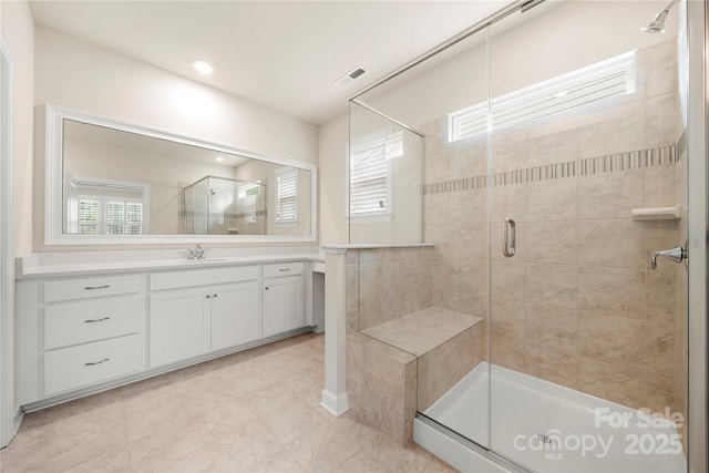 17028 River Race Dr, Huntersville, NC 28078 - bathroom with a stall shower, vanity, and tile patterned floors