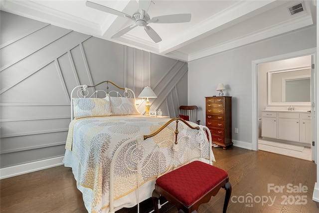 17028 River Race Dr, Huntersville, NC 28078 - bedroom with wood finished floors, ornamental molding, a decorative wall, baseboards, and beamed ceiling
