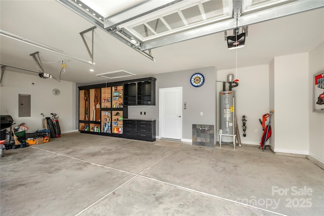 17028 River Race Dr, Huntersville, NC 28078 - garage with electric panel, water heater, a garage door opener, and baseboards