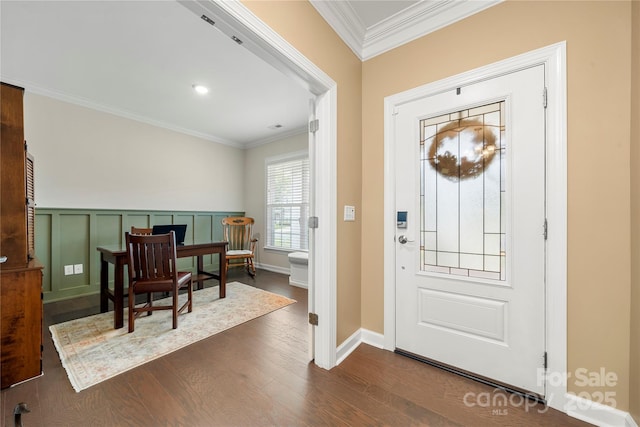 17028 River Race Dr, Huntersville, NC 28078 - foyer with crown molding, dark wood-style floors, a wainscoted wall, and baseboards