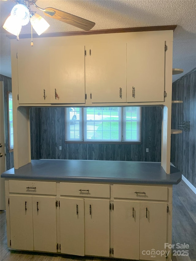 304 W Miller St, Jefferson, SC 29718 - kitchen with a ceiling fan, a textured ceiling, white cabinetry, and wood finished floors