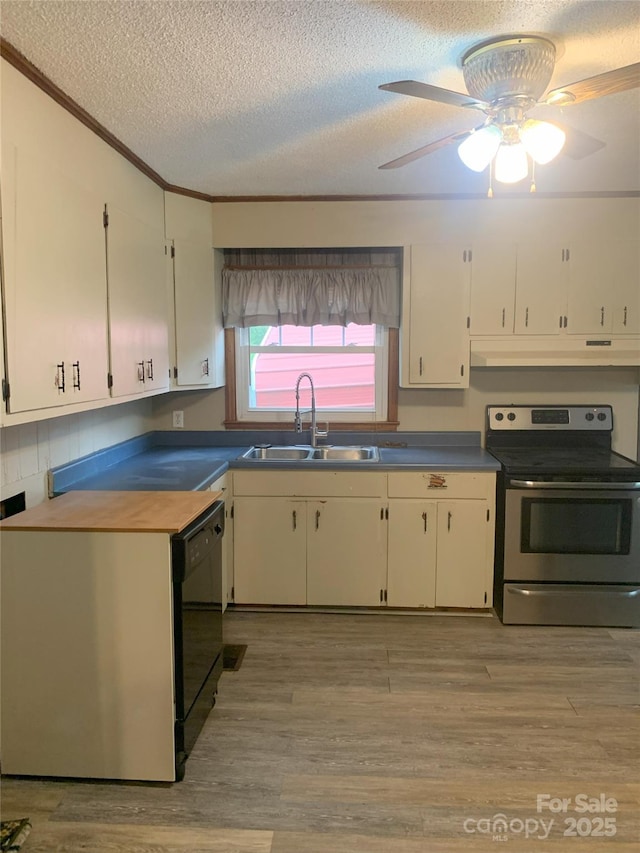 304 W Miller St, Jefferson, SC 29718 - kitchen with electric stove, a sink, under cabinet range hood, a textured ceiling, and white cabinets