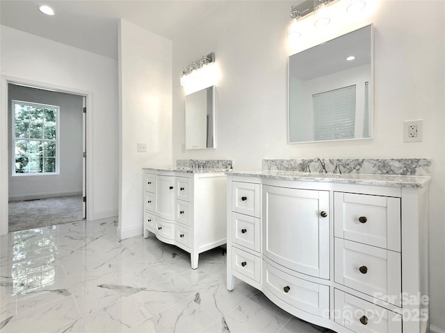 690 Settlers Trl, Mars Hill, NC 28754 - full bathroom featuring two vanities, baseboards, marble finish flooring, and recessed lighting