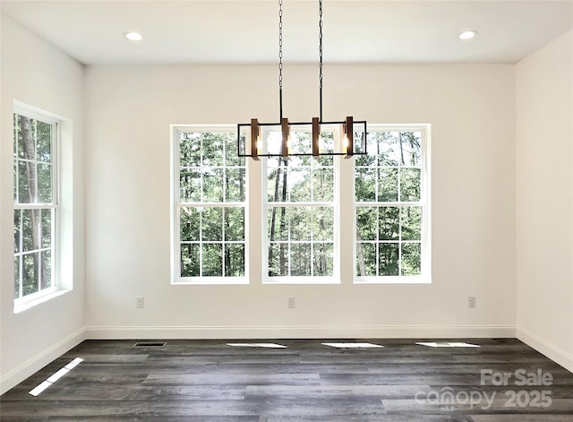 690 Settlers Trl, Mars Hill, NC 28754 - unfurnished dining area with a chandelier, dark wood finished floors, baseboards, and recessed lighting