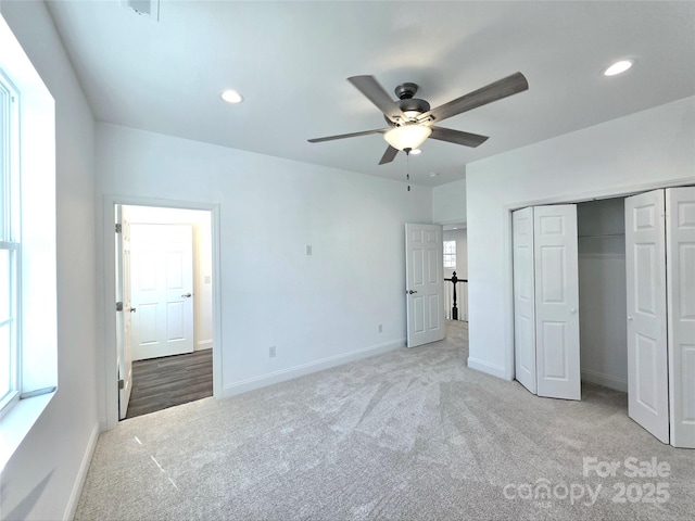 690 Settlers Trl, Mars Hill, NC 28754 - unfurnished bedroom with carpet flooring, recessed lighting, baseboards, a closet, and a ceiling fan