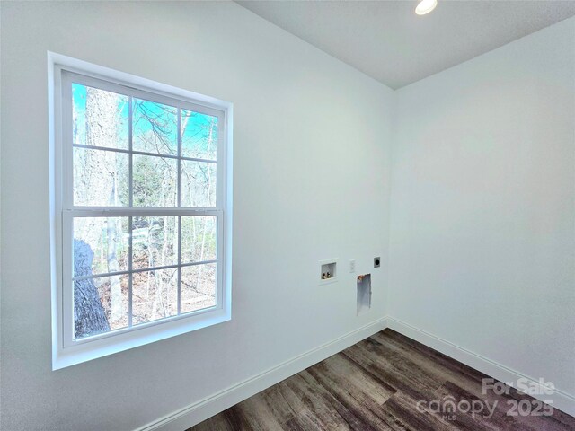690 Settlers Trl, Mars Hill, NC 28754 - washroom featuring dark wood-type flooring, hookup for an electric dryer, baseboards, washer hookup, and recessed lighting