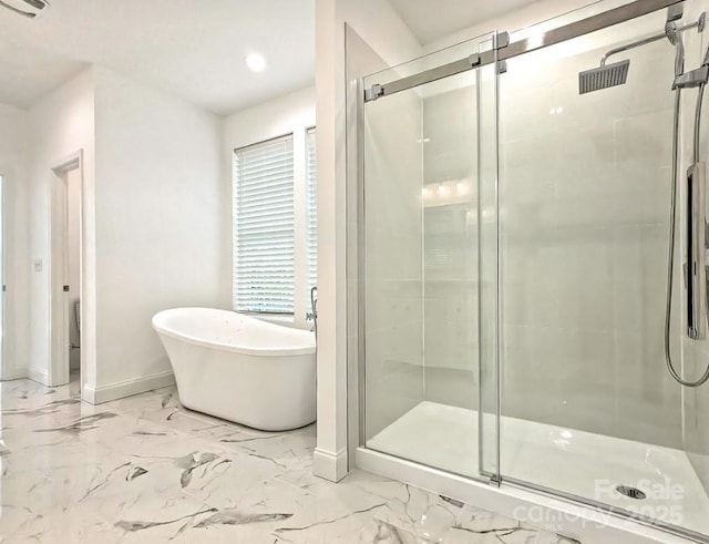 690 Settlers Trl, Mars Hill, NC 28754 - bathroom featuring baseboards, a stall shower, marble finish floors, and recessed lighting