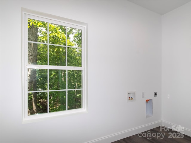 690 Settlers Trl, Mars Hill, NC 28754 - laundry room with washer hookup, electric dryer hookup, baseboards, and dark wood-style floors