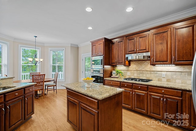 166 Pinnacle Shores Dr, Mooresville, NC 28117 - kitchen with appliances with stainless steel finishes, under cabinet range hood, light wood-style flooring, decorative backsplash, and decorative light fixtures