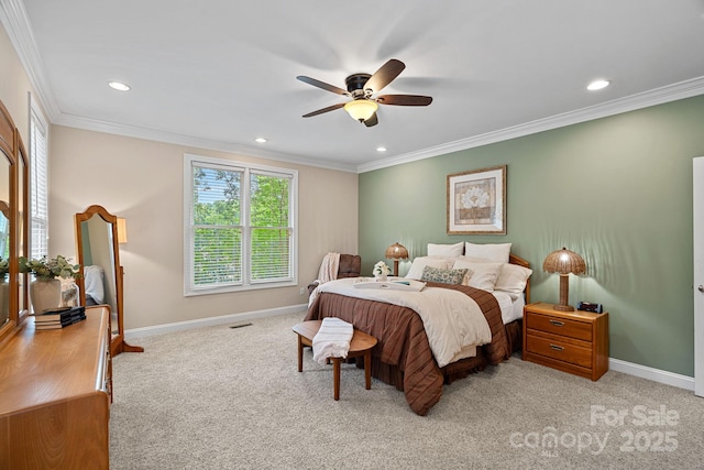 166 Pinnacle Shores Dr, Mooresville, NC 28117 - bedroom with light colored carpet, baseboards, ornamental molding, recessed lighting, and a ceiling fan