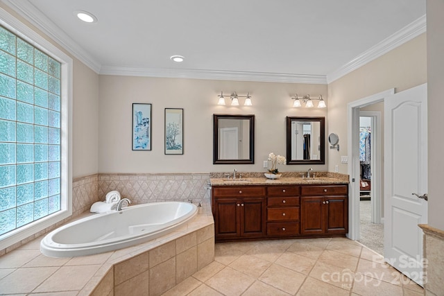 166 Pinnacle Shores Dr, Mooresville, NC 28117 - full bathroom featuring a bath, crown molding, tile patterned floors, and double vanity
