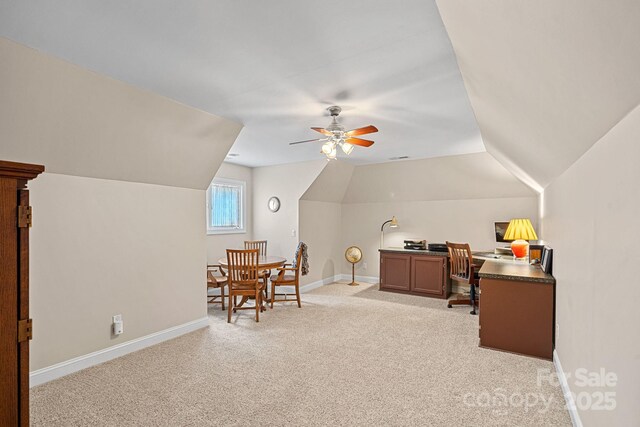 166 Pinnacle Shores Dr, Mooresville, NC 28117 - office area featuring light carpet, lofted ceiling, baseboards, and a ceiling fan