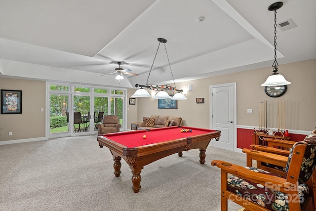 166 Pinnacle Shores Dr, Mooresville, NC 28117 - playroom with billiards table, ceiling fan, carpet, and a tray ceiling
