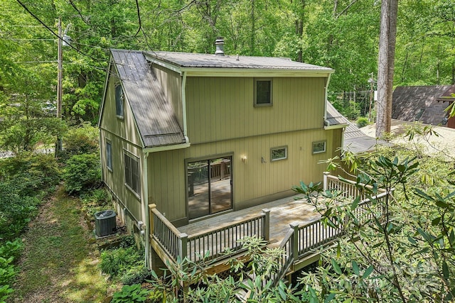 19 Reuben Branch Rd, Maggie Valley, NC 28751 - rear view of property with a wooden deck, metal roof, central AC, and a forest view