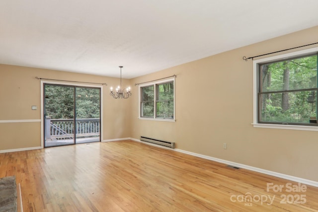 19 Reuben Branch Rd, Maggie Valley, NC 28751 - unfurnished room featuring a baseboard heating unit, a chandelier, wood finished floors, and baseboards