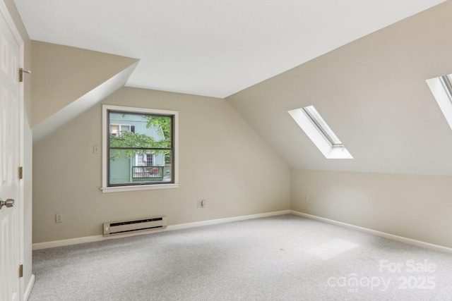 19 Reuben Branch Rd, Maggie Valley, NC 28751 - bonus room with a baseboard heating unit, a skylight, carpet flooring, vaulted ceiling, and baseboards