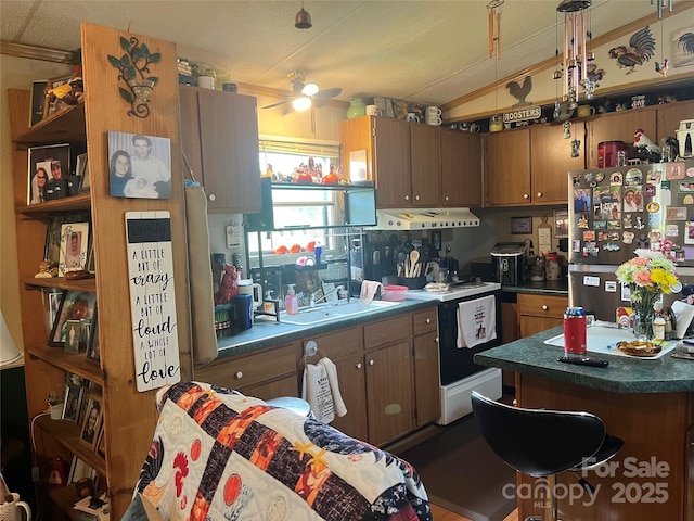 2165 Peanuts Ln, Newton, NC 28658 - kitchen featuring freestanding refrigerator, lofted ceiling, ceiling fan, dark countertops, and brown cabinetry