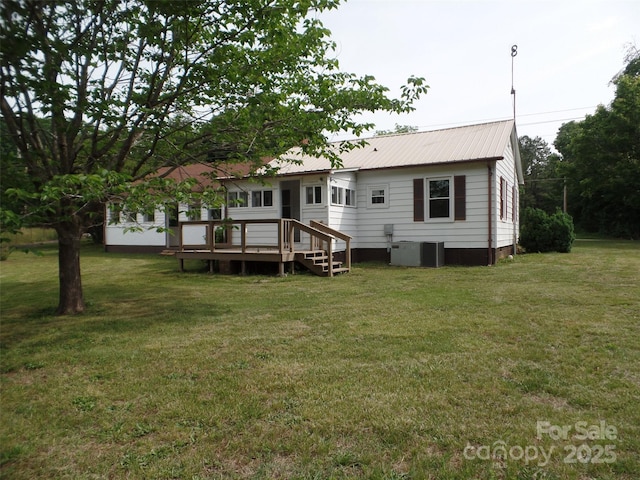 5004 King Wilkinson Rd, Denver, NC 28037 - back of house with metal roof, a yard, a deck, and central air condition unit