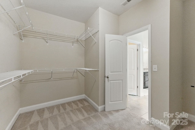 spacious closet featuring light colored carpet