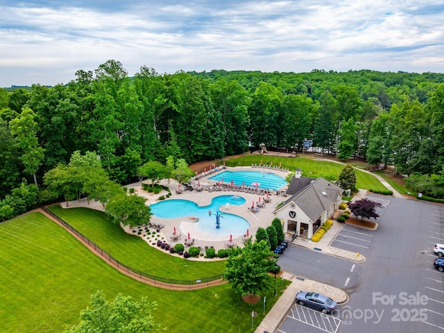 aerial view of a pool area