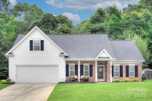 5748 Timbertop Ln, Charlotte, NC 28215 - traditional-style home featuring driveway, a front lawn, brick siding, an attached garage, and roof with shingles