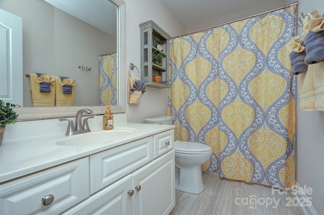 5748 Timbertop Ln, Charlotte, NC 28215 - full bathroom with toilet, vanity, wood finished floors, and a shower with shower curtain