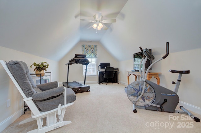 5748 Timbertop Ln, Charlotte, NC 28215 - workout area with carpet floors, ceiling fan, vaulted ceiling, and baseboards