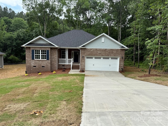 single story home with crawl space, a porch, an attached garage, driveway, and brick siding