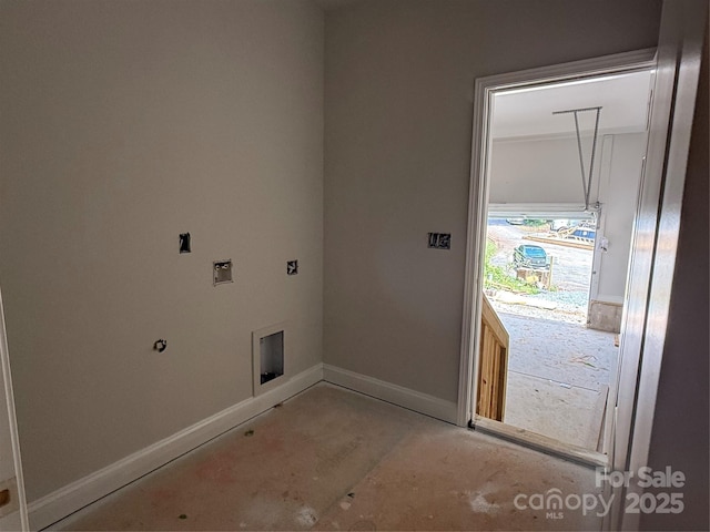 clothes washing area with baseboards, washer hookup, and electric dryer hookup