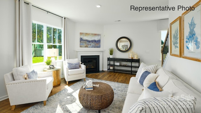 living room with a fireplace with flush hearth and wood finished floors