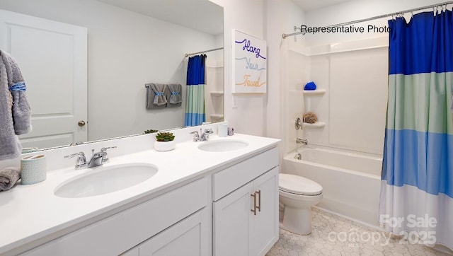 bathroom with shower / bath combination with curtain, double vanity, tile patterned flooring, and toilet