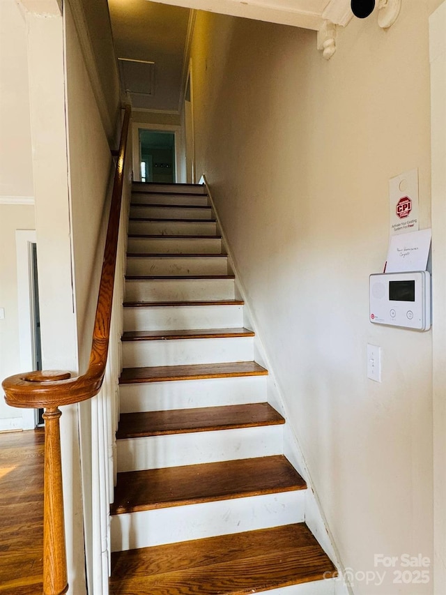 stairway featuring wood finished floors and ornamental molding