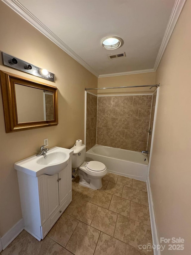 full bathroom featuring toilet, vanity, shower / bath combination, crown molding, and tile patterned floors