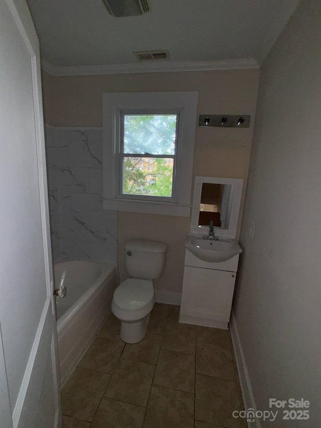full bath with crown molding, vanity, toilet, baseboards, and tile patterned flooring