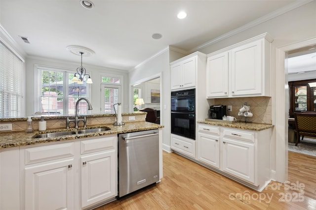 3128 Ethereal Ln, Charlotte, NC 28226 - kitchen featuring dishwasher, a sink, decorative backsplash, ornamental molding, and light wood-style floors